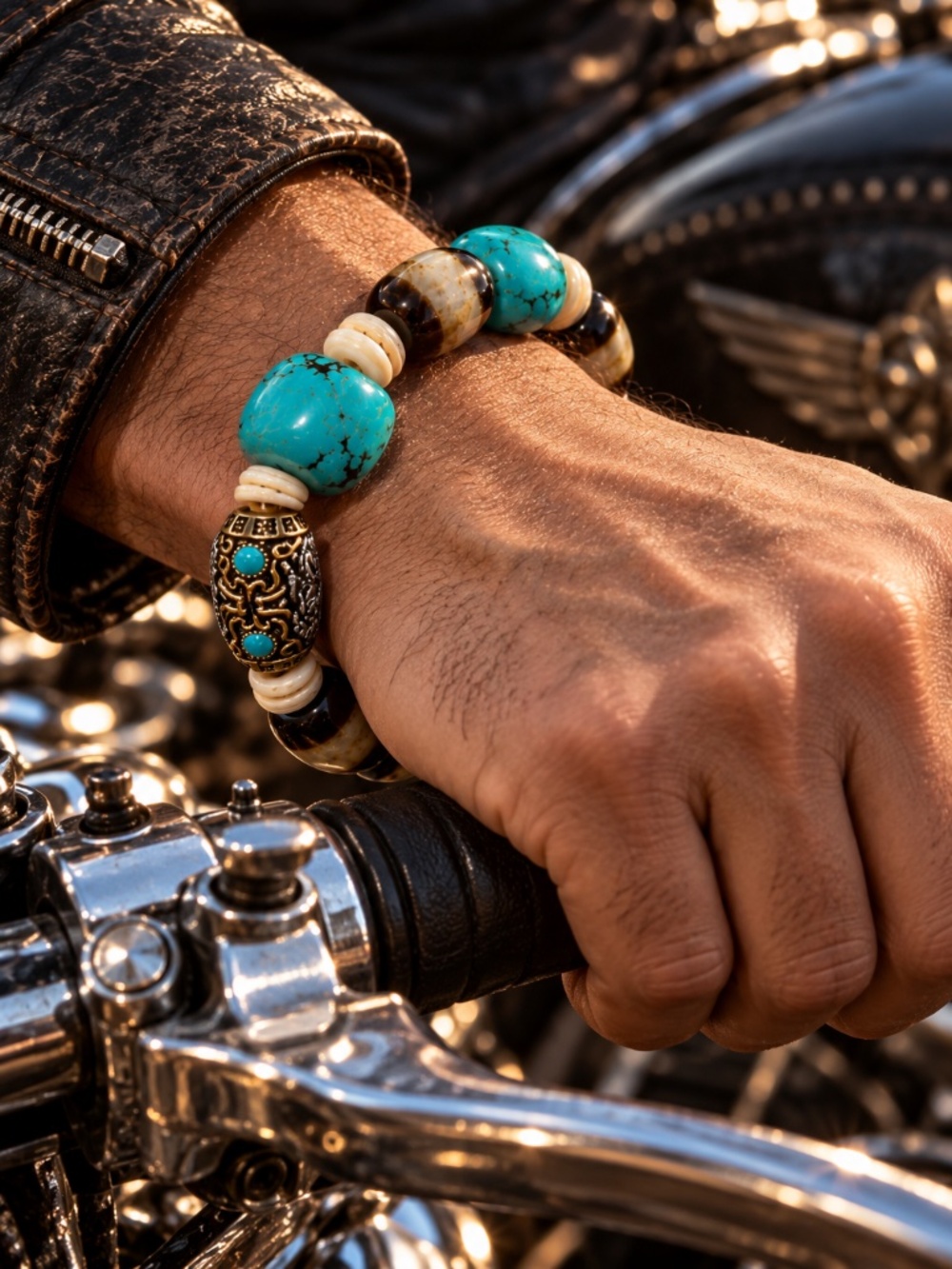 Men’s Vintage Tibetan Dzi Bead Turquoise Bracelet | Biker Boho Jewelry